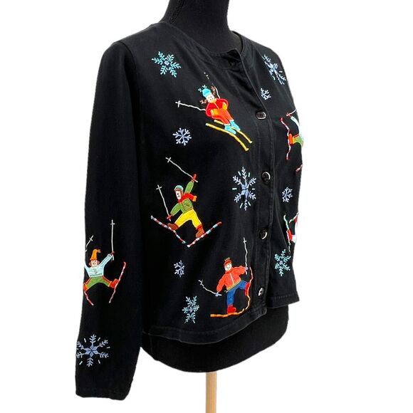 Michael Simon‎ Cardigan Womens Black Embroidered Winter Skiing Snowflake Sweater - Picture 3 of 8